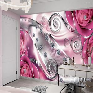 Sfondi 3d fiore di lusso di lusso rosa diamante floreale murale moderno decorazione casa soggiorno camera da letto muro