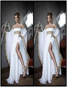 Arabic Style Long Sleeves Gold Lace and White Appliques Chiffon Abaya Kaftan Evening Prom Dresses With High Split Slit Party Dress4486127