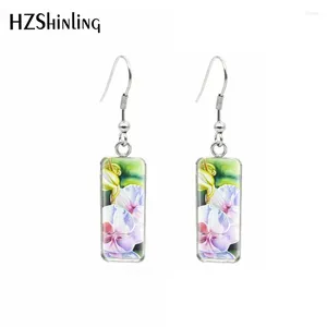 Dangle Earrings White Purple Orchid Paintings Flowers Stainless Steel Rectangle Hook Drop Glass Cabochon Ear Jewelry