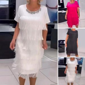 Casual Dresses Women Slim Fit Dress Summer Midi Stylish Fringe Tassel för korta ärmar O Neck Solid Color Patchwork