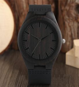 Unik full svart men039s eBony Wood Watch Luxury Gift Light Bamboo Analog Quartz Wristwatch Leather Strap Reloj de Madera3946427
