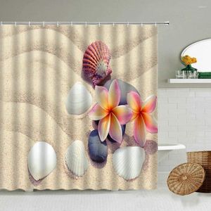 Cortinas de chuveiro Zen Stone seixos Cortina de cenário Ocean praia Decoração de banheiro flor de casca de planta com gancho de tela à prova d'água lavável