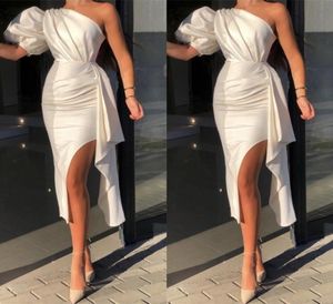 Cheap Sexy Cocktail Party Dresses One Shoulder Knee Length Side Slit Satin Short Prom Dresses Graduation Gowns vestidos de fiesta 1602148