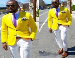 Yellow Wedding Groomsmen Tuxedos for Groom Wear Two Piece Notched Lapel Trim Fit Evening Prom Blazer Men Suits Jacket White Pants9445893