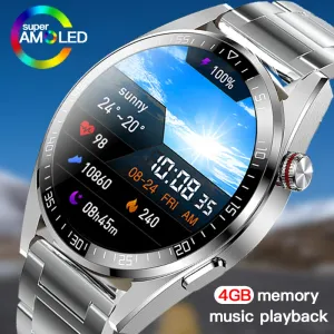 Relógios New Bluetooth Call Smart Watch Men sempre exibe tempo de tela 8G Playback de música local AMOLED Smartwatch para Huawei Xiaomi