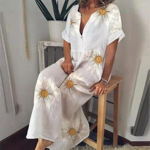 Party Dresses Loose Bohemian Dress Long Style Floral Print Maxi For Women Short Sleeve V Neck Button A-line Vacation