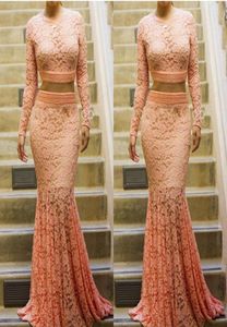 Coral Lace Prom Dresses Mermaid Two Pieces Prom -klänningar 2016 Långa ärmar Mermaid Summer Formal Party Gowns8550800