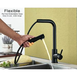 2 lägen Stream Sprayer Munstycke kranar Rostfritt stål Black Pull Out Kitchen Sink Kaucet Flexibel Cold Wate Mixer Tap Deck 240325