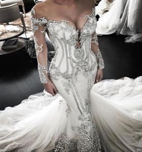 Luxury Crystals Mermaid Wedding Dresses Long Sleeve Sheer Neck Lace Bridal Gowns With Beads Sequins Sweep Train Plus Size Wedding 3942981