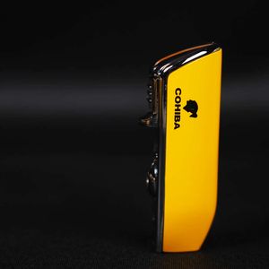 COHIBA Portable Metal Windproof Pocket Cigar Without Gas Lighter 3 Jet Blue Flame Torch Lighters for Cigar with Punch Drill Cigar Cutter