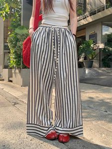 Women's Pants Benuynffy Vertical Striped Drawstring Elastic High Waist Casual Wide Leg Women Spring Summer Korean Fashion Long Trousers