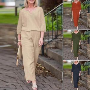 Women's Two Piece Pants 2 Pcs/Set Women Top Suit Half Sleeves Straight High Waist Casual Loose Lady T-shirt Trousers Set