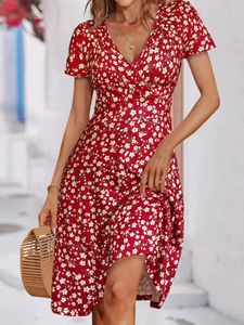 Party Dresses Summer Vintage Floral Print Women Ditsy Ruffled Wrap Mini Dress Elegant Sleeve Female Sexy Deep V-Neck Slim Robe