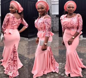 Peach Pink Aso Ebi Evening Dresses Scoop Neckline 34 Long Sleeves Prom Gowns With Applique And Bow Peplum Custom Made Formal Dres8395518