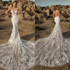 2024 abiti da sposa moderni spaghetti cinghie Appliques in pizzo abiti da sposa sirena abiti da sposa su misura per lo sweep.