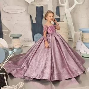 Girl Dresses Fluffy Purple Off The Shoulder Long Sleeve Flower Dress For Wedding Beading Princess Ball Gown Train Communion Birthday