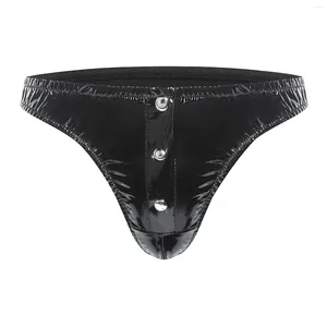 Frauenhöfen Herren sexy Knopf offener Schritt Leder Shorts Hochglänzende PU -Briefs krottellos Porno Bulge Beutel Metall Nieten Tanga