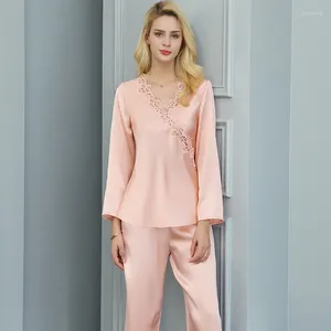 Home Clothing Natural Pure Silk Pajamas For Women Embroidery Long Sleeve 2PCS Pyjamas Set Mulberry Summer Sleepwear 22M