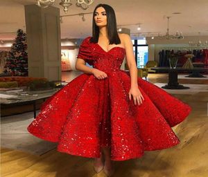 Dark Red Sequins Ball Gown Evening Dresses One Shoulder Ruffles Ankle Length Saudi Arabic Prom Dresses Formal Evening Gowns Zipper9174535