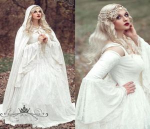 Renaissance Gothic Lace Ball Gown Wedding Dresses With Cloak Plus Size Vintage Bell Long Sleeve Celtic Medieval Princess Bridal Go2973977