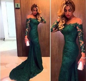 Celebrity Emerald Green Evening Gowns With Bateau Neck Long Sleeves Lace Appliques Plus Size Formal Prom Party Dresses Evening2365502