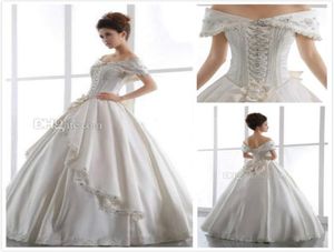 Vintage Ivory Church Wedding Dresses 2015 Off Shoulder Backless Lace Up Beaded Floor Length Satin Ball Gown Sheer Bridal Gown Bow 2756428