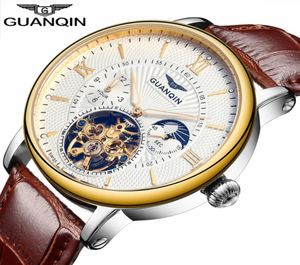 2018 Fashion Guanqin Mens relógios Top Brand Luxury Skeleton Watch Men Sport Leather Tourbillon Automático Mecânica Watch2128586