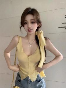 Frauen Tanks süßes Mädchen gelb V-Ausschnitt Stricker Kamisolweste für Sommer sexy schlanke fit ärmellose kurze Top-Mode-Kleidung