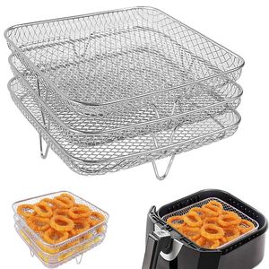 Square Three-Tier Air Fryer Rack Tray Stainless Steel Steaming Racks Air Fryer Tools Baking Pan BBQ Grill Kitchen Accessories 240325