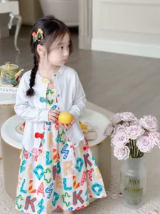 Kindermädchen Sets Sommermädchen Strickjagd Strickjangel +Regenbogen Farbkleid Outfit Kleinkind Kinderkleidung