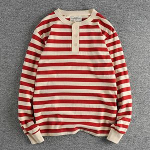 Autumn American Retro 230g Heavyweight Henry Collar Striped Tshirt Mens Fashion 100 Cotton Washed Casual Loose Tough Guy Tops 240320