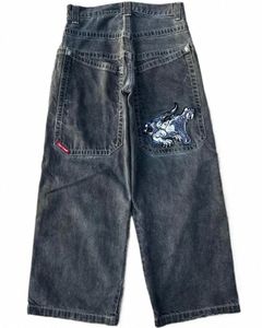 herr jeans streetwear jnco y2k hip hop carto grafisk tryck vintage baggy svarta byxor män kvinnor hög midja bred benbyxor p7ah#