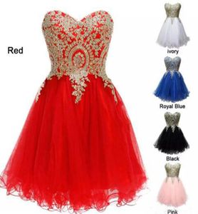 Beaded Crystals Gold Lace Appliques Short Homecoming Dresses Sweetheart Sleeveless Laceup Back Red White Pink Black Royal Blue Pa4625432