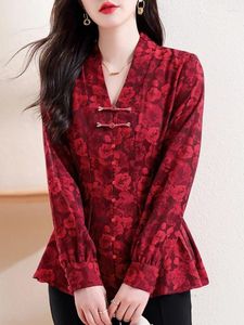 Women's Blouses Women Peplum Tops Printed Shirts Long Sleeve Red