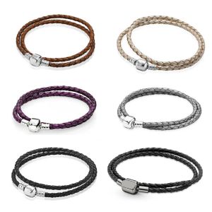 Rings Pan Double Loop Leather Bracelet For Women S925 Sterling Silver Buckle Fit Original Beads For Jewelry Making Planet War DIY