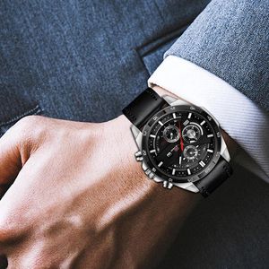 Armbanduhr Multifunktionale Quarzuhr mit sportlichem Stil modischer Sechs Nadel 46mm Leder wasserdicht Full Black Men Geschenkbox