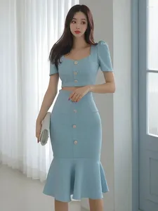 Sukienki robocze Koreańskie modne damskie dwuczęściowy zestaw Elegancki szczupły strój kwadratowy szyja krótka top z wysokiej talii spódnica fishtail Summer