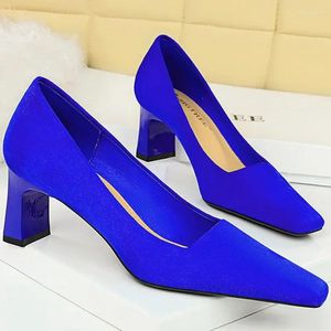 Dress Shoes Women 6cm High Heels Flock Pumps Wedding Bridal Square Block Low Lady Fetish Blue Red Office Casual Simple
