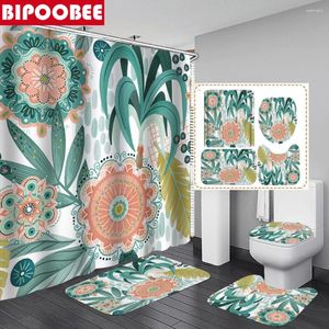 Duschgardiner Bohemiska gardingröna växter lämnar blommor mönster piedestal toalett täcke icke-halk matta badmatta tyg badrum