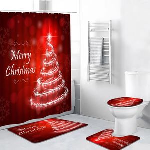 シャワーカーテン4PCSクリスマスカーテンセットラグ抽象クリスマスツリー装飾スノーフラワーイヤーお祝いのテーマポリエステルバスルームマット