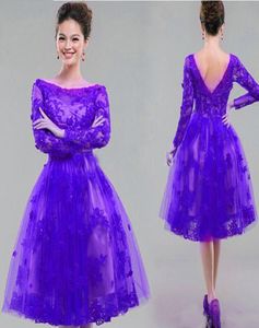 Vintage -Spitzen -Applikationen Langarmes Party Kleider Eine Linie Batteau Ausschnitt Illusion Knie Länge Kurzes Tüll -Promkleider Royal Purple 1346280