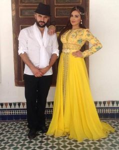 Middle East Yellow Chiffon Long Sleeves Dubai Muslim Evening Dress Party Gowns Vestidos para festa Arabic Kaftan Prom Dresses6978002