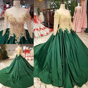 Party Dresses Ball Gown Long Sleeve Satin Beading Appliques Luxury Green Evening Real 2024 Vestido De Festa KC59