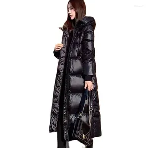 Women's Trench Coats Black Down Warm Padded Long Knee-length Coat Shiny Korean Version Loose Hooded Pocket Thickened Cotton
