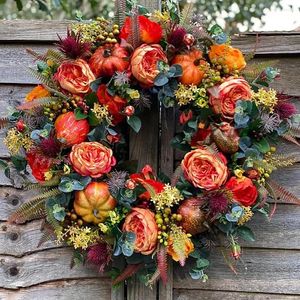 Decorative Flowers Fall Peony And Pumpkin Wreath Artificial Autumn Front Door Thanksgiving For Home Forsythia