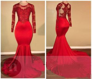 2019 Vintage Sheer Long Sleeves Red Prom Dresses Mermaid Appliqued Sequined African Black Girls Evening Gowns Red Carpet Dress5246878