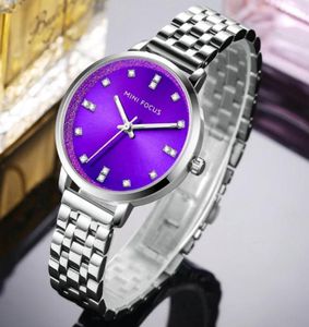 Начатые часы мини -фокус мода Элегантные женские кварцевые часы Crystal Purple Dial Metal Strap Классическое платье женские часы Top1295560