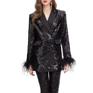 W108 Women's Suits & Blazers Fashion Women Blazer Notched Collar Double Breasted Long Sleeves Spliced Feather Sequin Suit Jackets