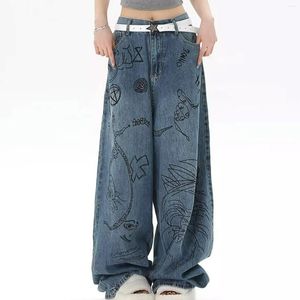 Jeans femininos American Oversize Women Street Graffiti Legas de perna larga Denim