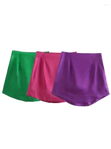 Skirts Women Fashion Purple Satin Mini Skirt High-waist Side Zipper Chic Lady Woman INS Style Soft Short